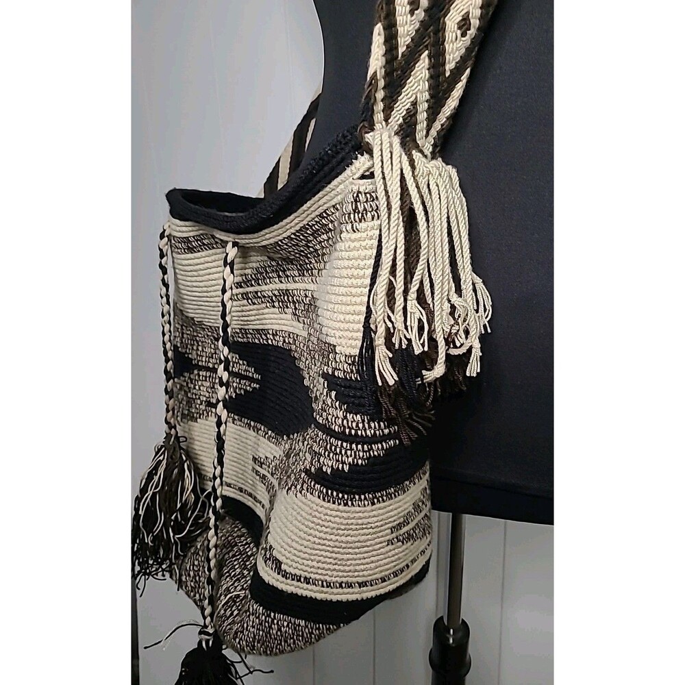 Colombian Wayuu Mochila Crochet Fringe Drawstring Bucket Crossbody Bag Fall - Picture 5 of 9